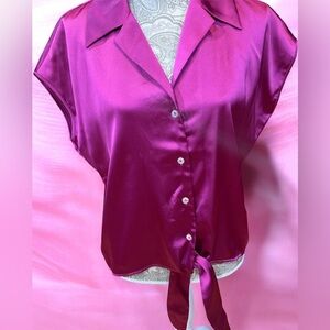 Rachel Zoe Satin Tie-Front Button Blouse Fuchsia Pink M PLEASE READ DESCRIPTION